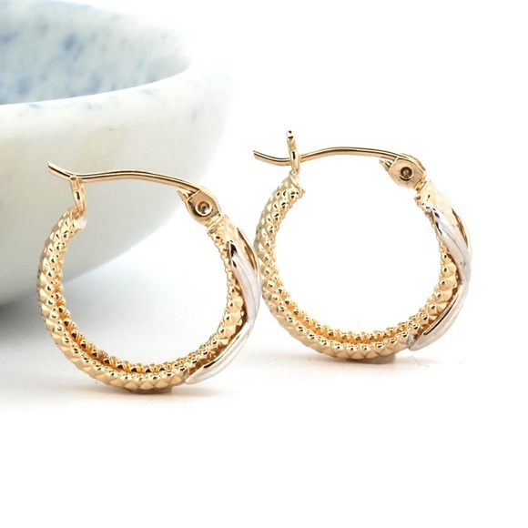 Two Toned Gold Textured Hoop Earrings - Picture 5 of 5